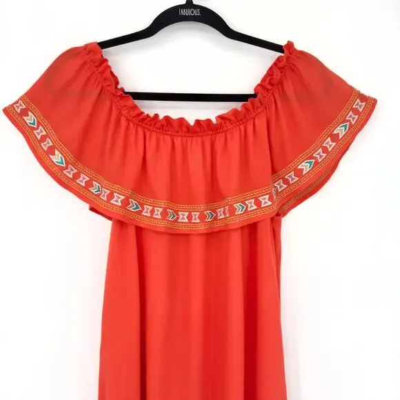 THML Orange Embroidered Off Shoulder Ruffle Mini Dress Aztec Festival Beach M - Picture 5 of 13